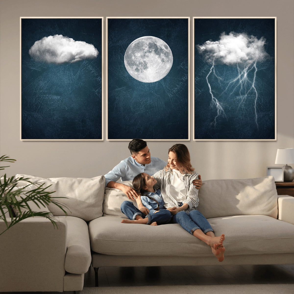 3 Piece Indigo Cloud Wall Art, Thunderstorm Moon Cloud Artwork