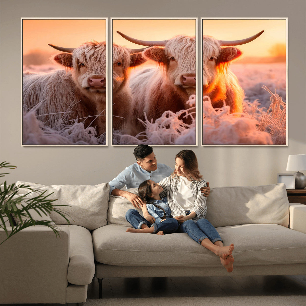 Highland Cows at Sunrise Wall Art Canvas Set
