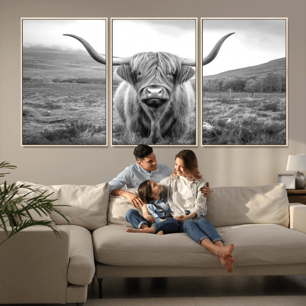 Black White Scottish Highland Cow Canvas Farm Wall Art