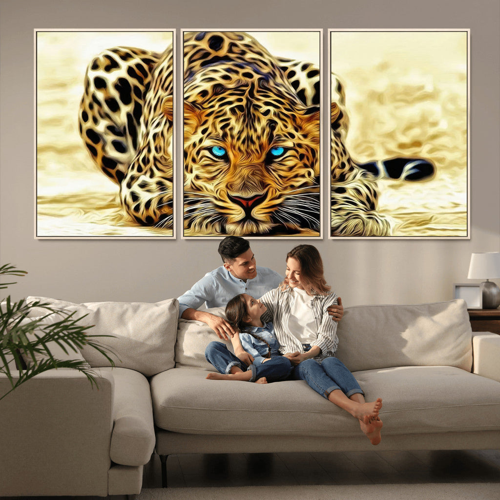 Blue-Eyed Leopard Canvas Wall Art, Framed Animal Print, Fierce and Bold Decor for Living Rooms