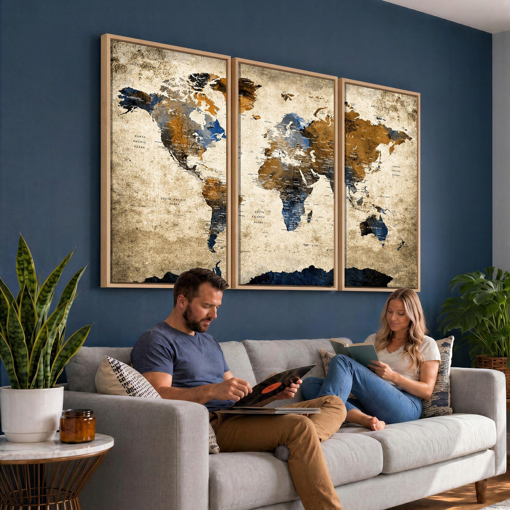 World Map Wall Art | Antique Style Blue and Brown Map Canvas Print
