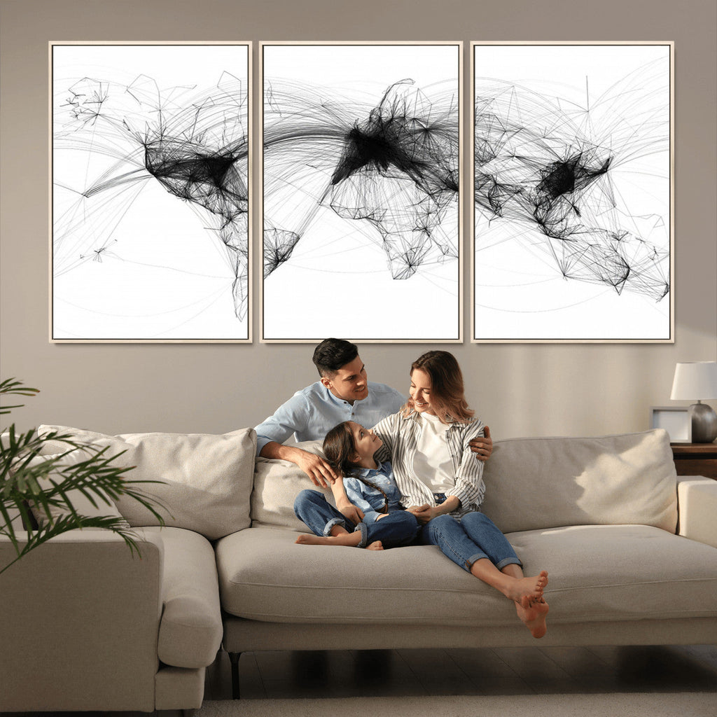 Abstract World Map Wall Art | Framed Geometric Line Canvas