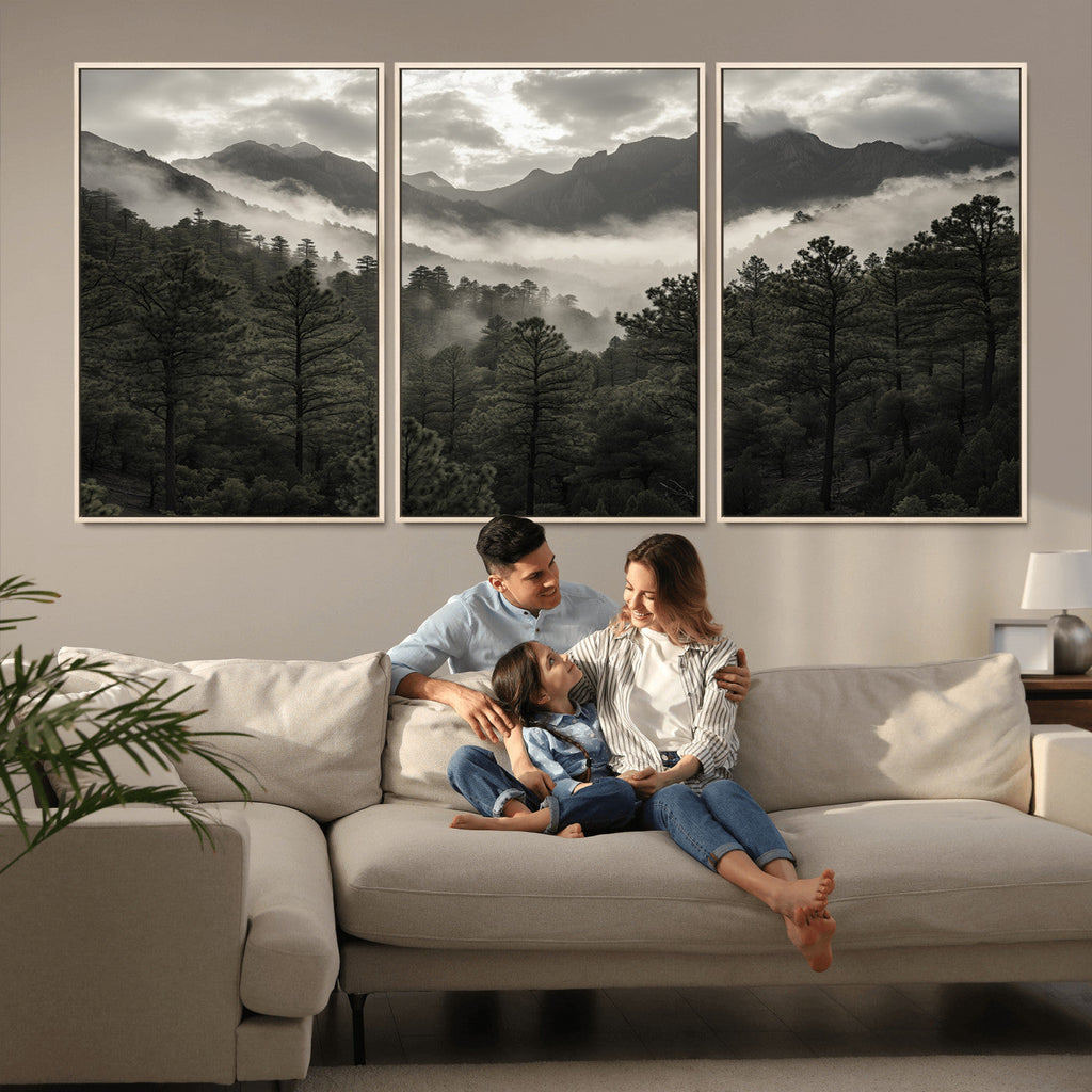 Moody Forest Wall Art | Framed Mountain Fog Canvas Artwork