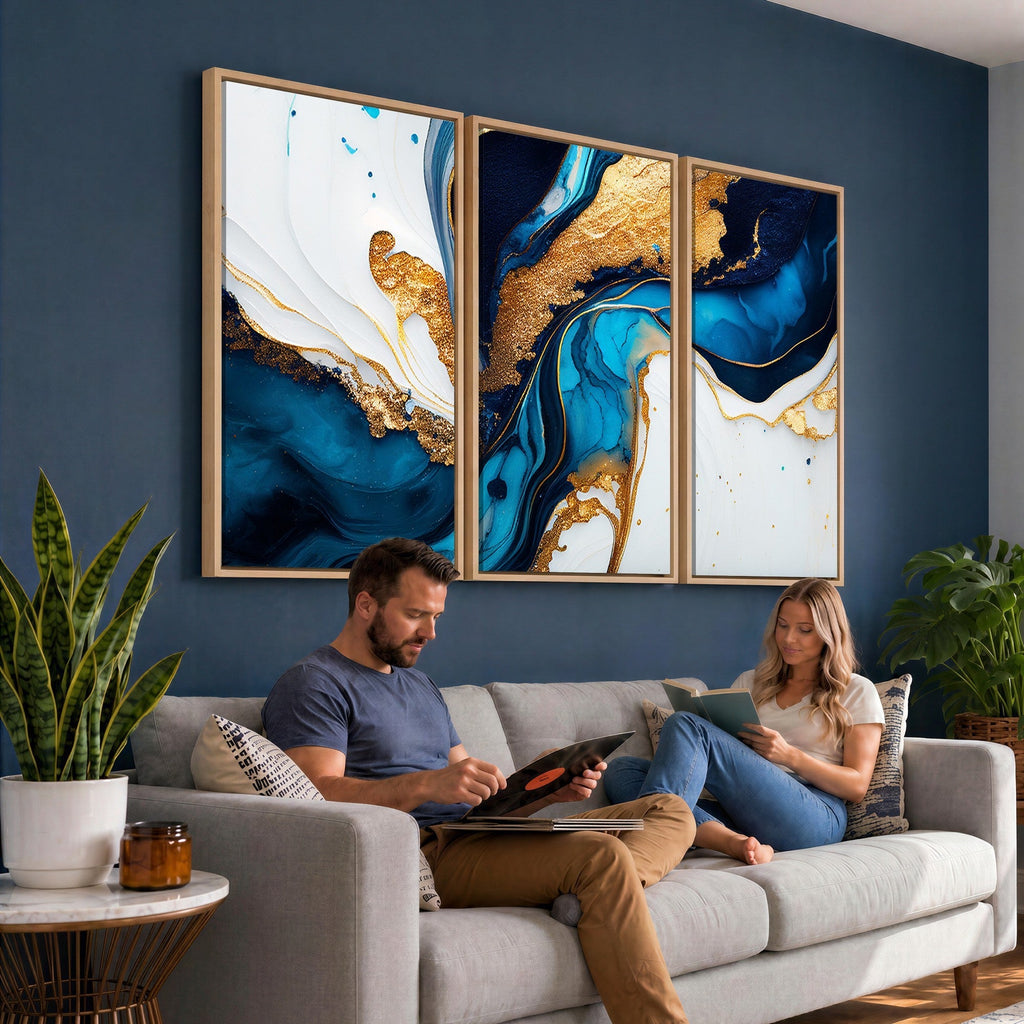 Gold Blue Abstract Canvas Print, Elegant Navy and Gold Marble Flow