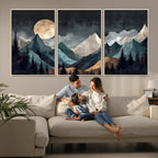 Moonlit Mountain Wall Art Canvas Print, Framed Silhouetted Pines Art, Layered Peaks Rustic Decor