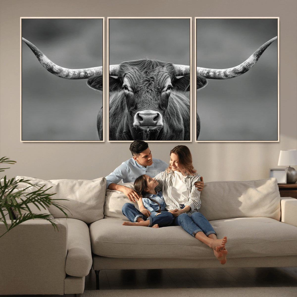 Texas Longhorn Wall Art Canvas Print, Framed Western Bull Photography, Rustic Log Cabin Decor