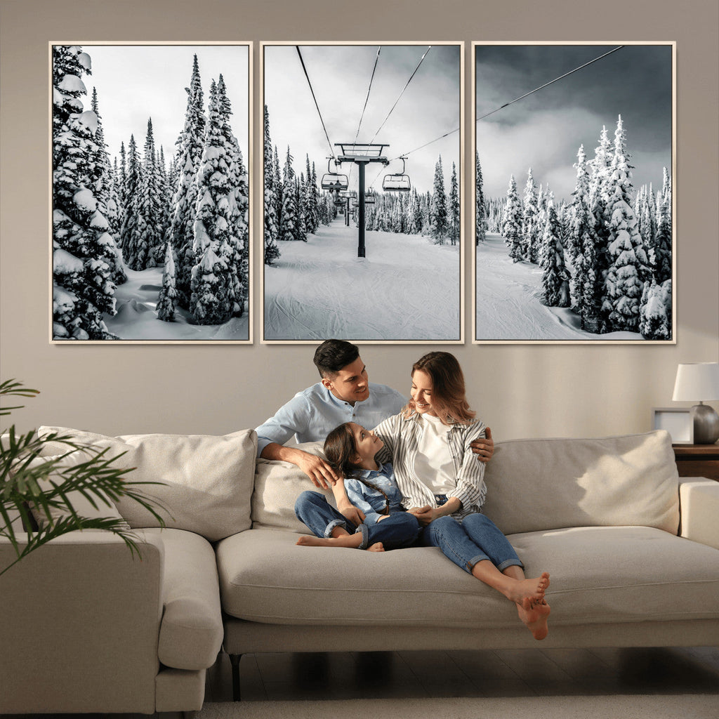 Snowy Pines Wall Art Canvas Print | Ski Lift in a Winter Forest