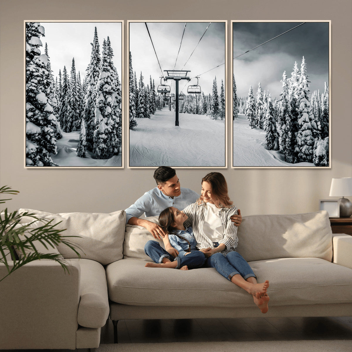 Snowy Pines Wall Art Canvas Print | Ski Lift in a Winter Forest