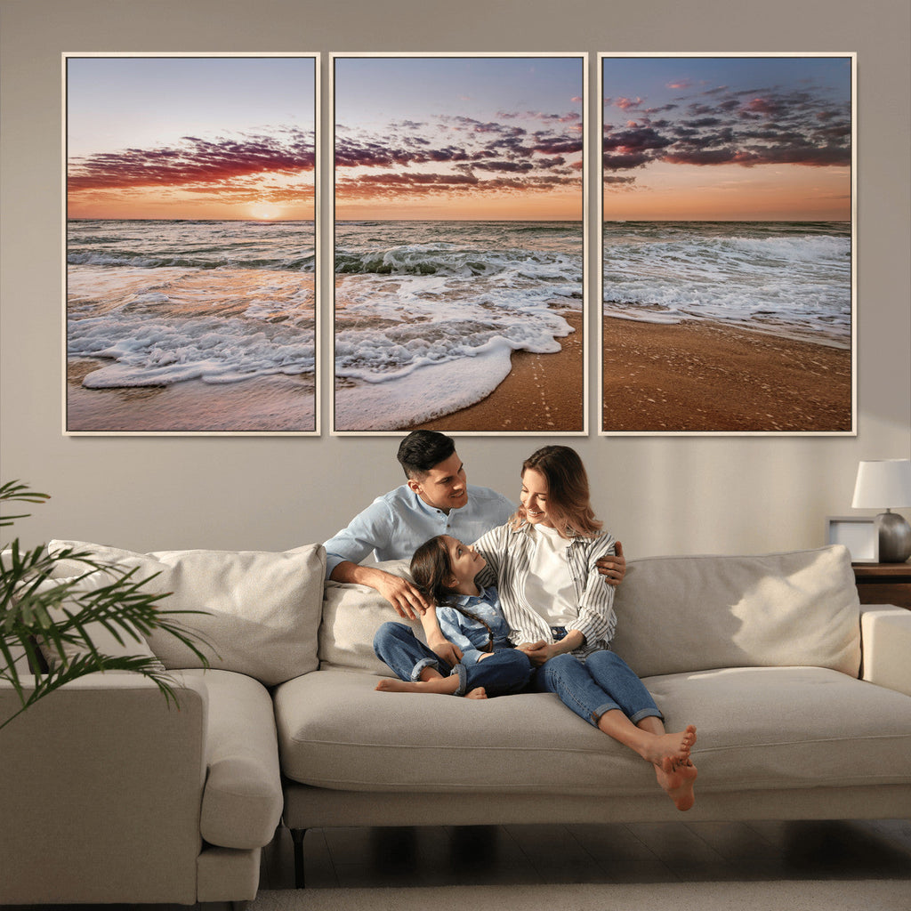 Ocean Sunset Wall Art Canvas Print | Sandy Shore and Gentle Waves