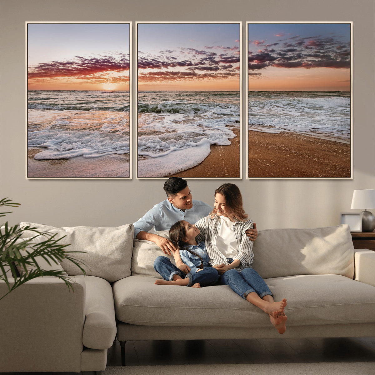 Ocean Sunset Wall Art Canvas Print | Sandy Shore and Gentle Waves