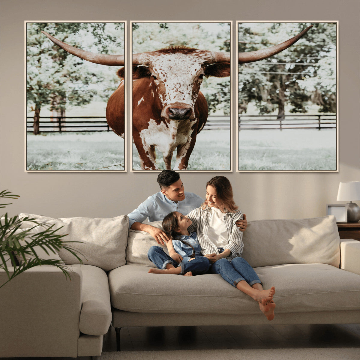 Texas Longhorn Wall Art Canvas Print | Framed Spotted Brown and White Bull