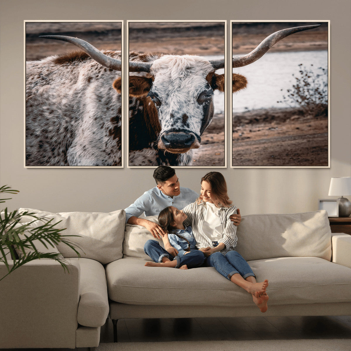 Texas Longhorn Wall Art Canvas Print | Framed Brown and White Spotted Longhorn