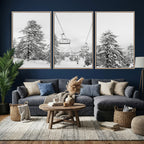 Snowy Ski Lift Wall Art | Framed Winter Forest Canvas
