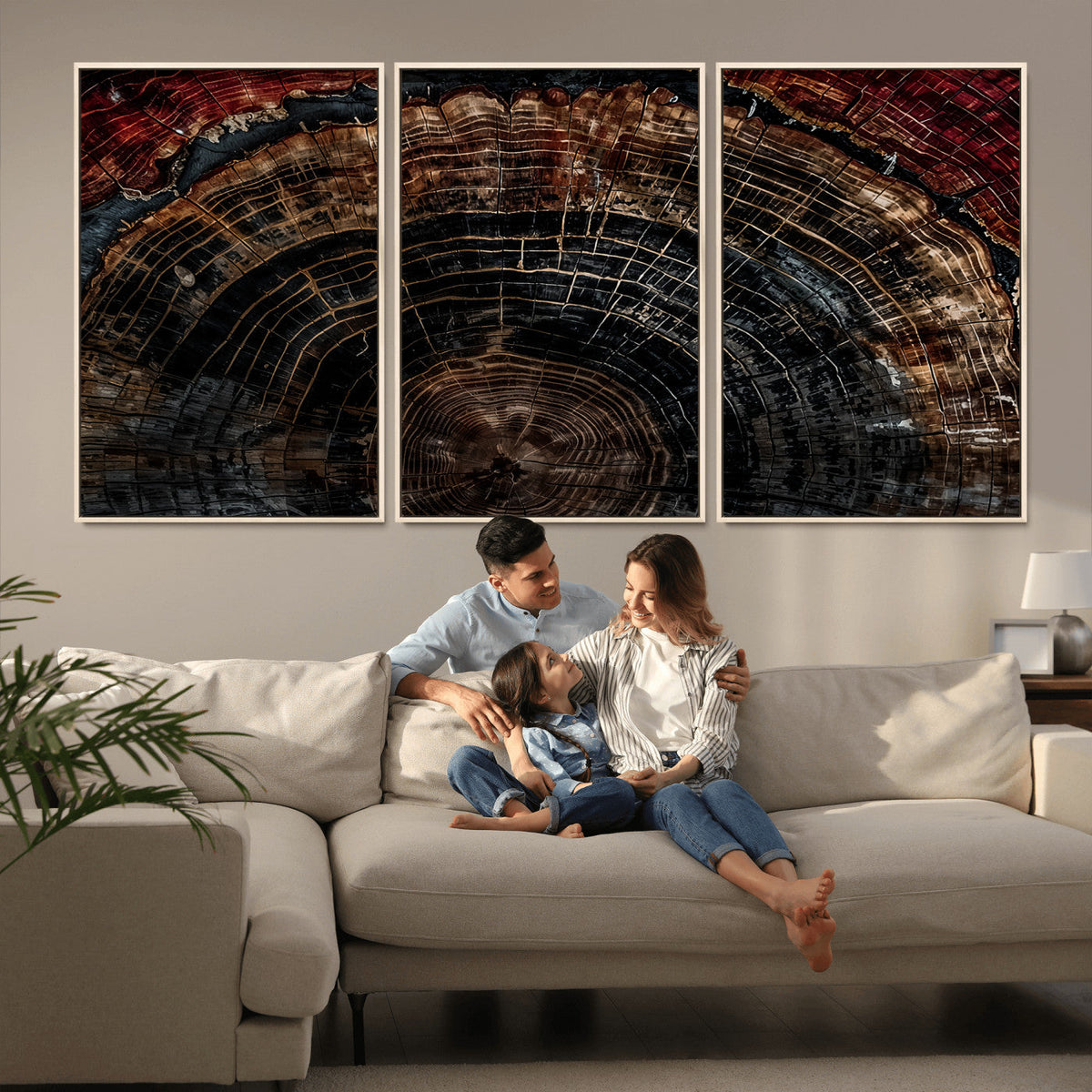 Dark Wood Ring Wall Art Canvas Print, Framed Abstract Tree Slice Print, Rustic Wood Grain Decor