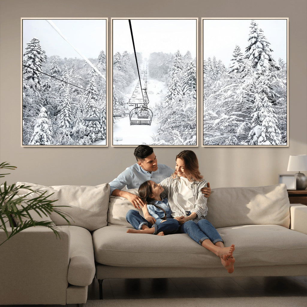 Snowy Ski Lift Wall Art | Framed Winter Mountain Canvas