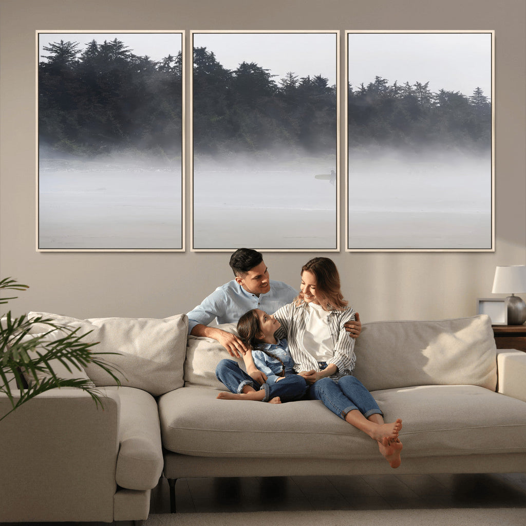 Surfer Fog Wall Art Canvas Print, Framed Foggy Beach and Coastal Surf Scene
