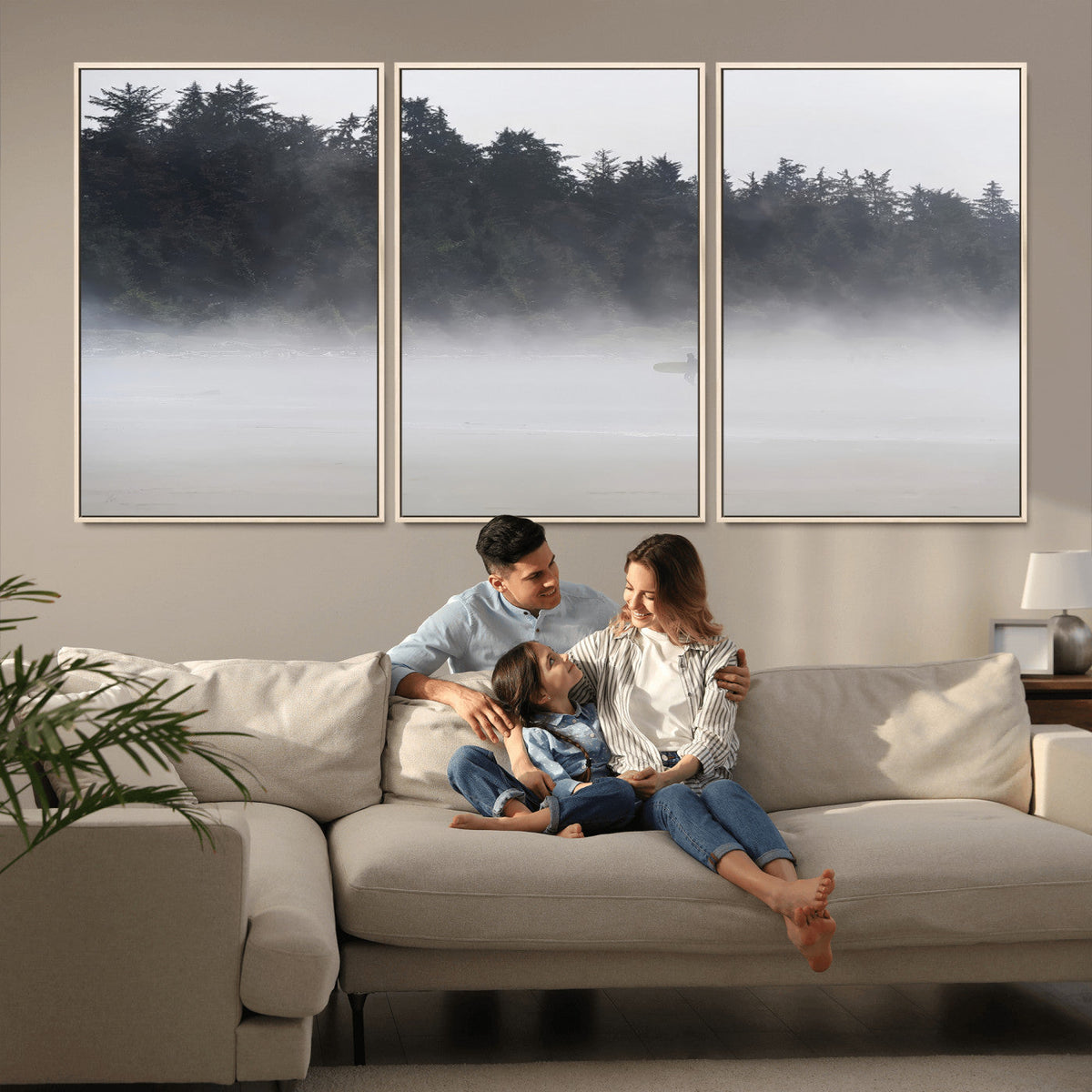 Surfer Fog Wall Art Canvas Print, Framed Foggy Beach and Coastal Surf Scene