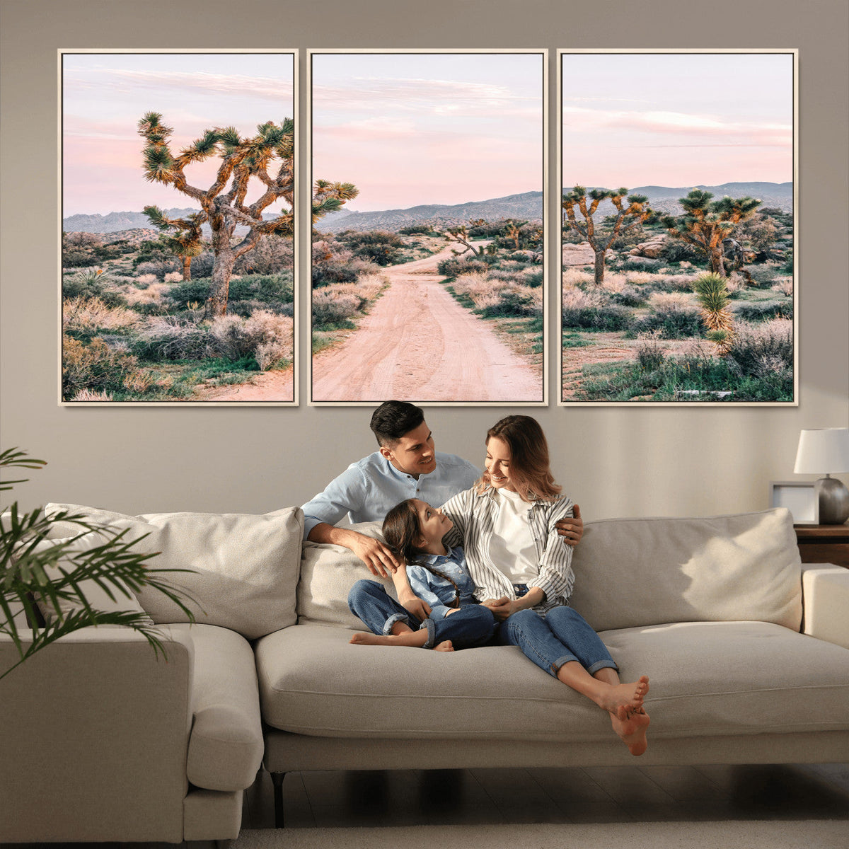 Joshua Tree Wall Art Canvas Print, Framed Desert Road Scene at Sunset