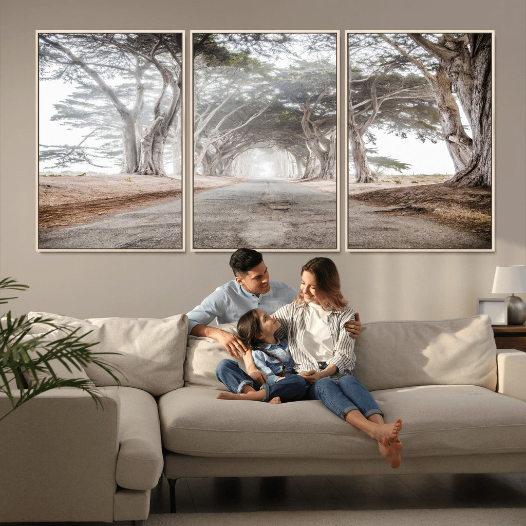 Cypress Tunnel Wall Art | Framed Misty Road Canvas Artwork