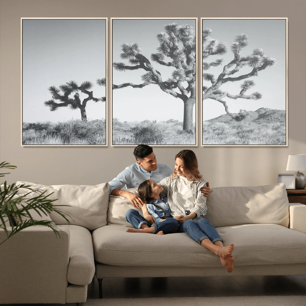 Joshua Tree Wall Art Canvas Print, Framed Black and White Desert Landscape Artwork