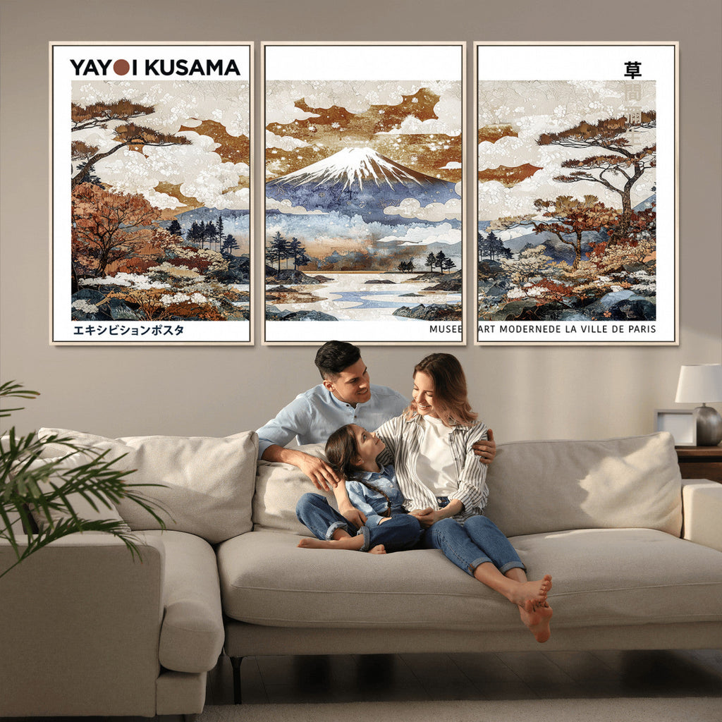 Modern Japanese Mount Fuji Canvas Art Print, Yayoi Kusama Wall Art, Framed Abstract Japanese Landscape