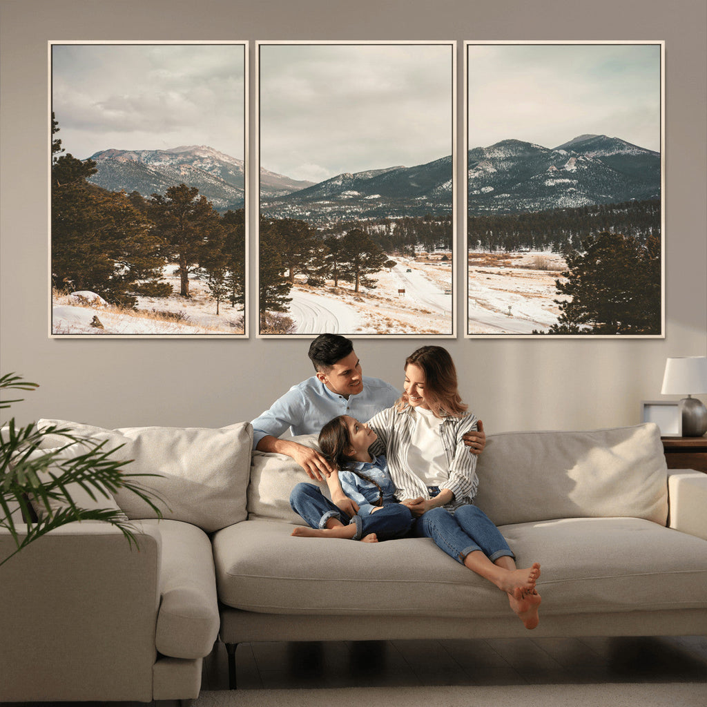 Mountain Landscape Wall Art Canvas Print, Framed Snowy Peaks Alpine Winter