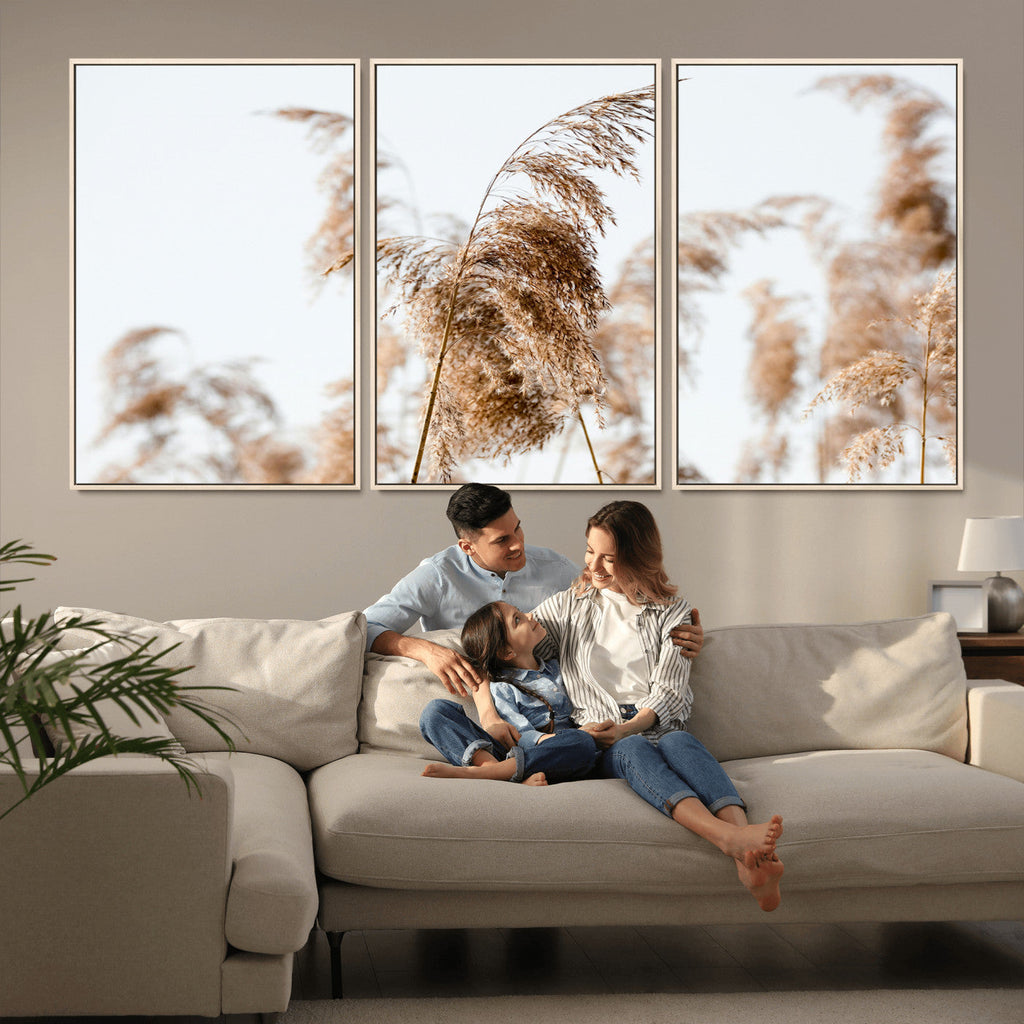 Pampas Grass Wall Art Canvas Print, Framed Neutral Tones Minimalist Boho