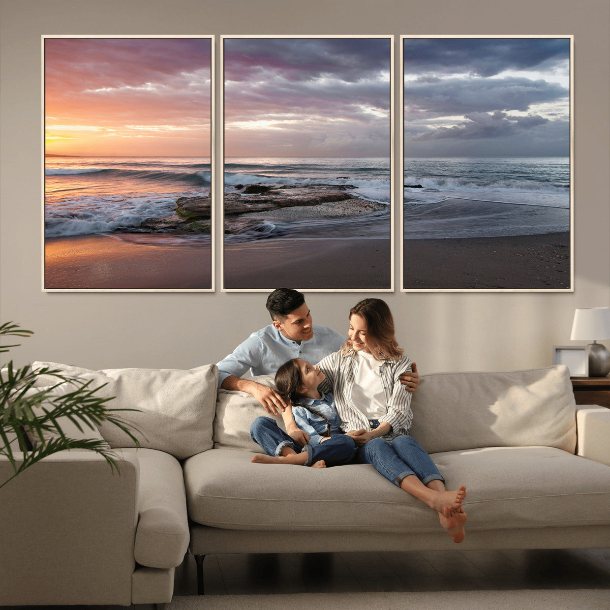 Golden Hour Wall Art Canvas Print, Framed Tranquil Waves Beach Sunset