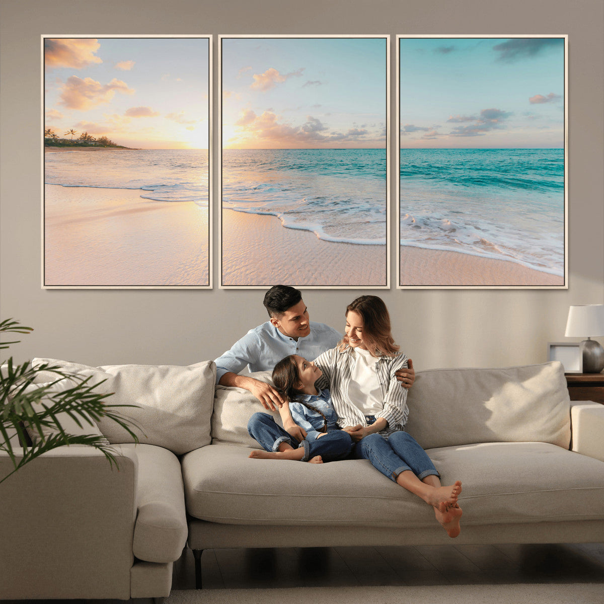 Beach Sunset Wall Art Canvas Print, Framed Ocean Waves Summer Escape