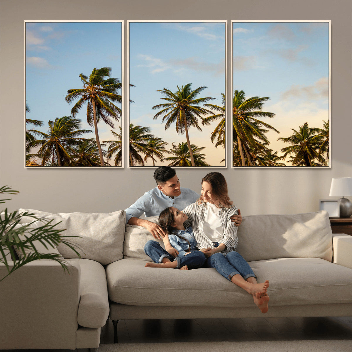Palm Trees Wall Art Canvas Print, Framed Tropical Vibes Coastal Sunset