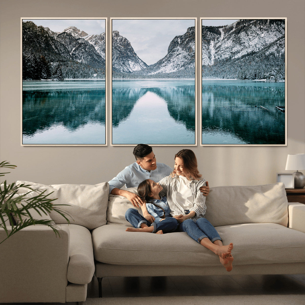 Mountain Lake Wall Art Canvas Print, Framed Toblacher See Winter Wonderland
