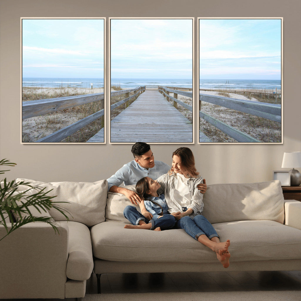 Beach Boardwalk Wall Art Canvas Print, Framed Coastal Serenity Ocean View