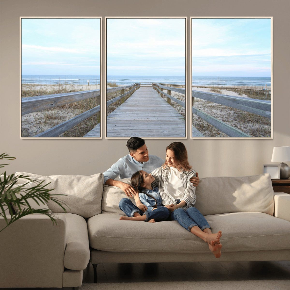 Beach Boardwalk Wall Art Canvas Print, Framed Coastal Serenity Ocean View