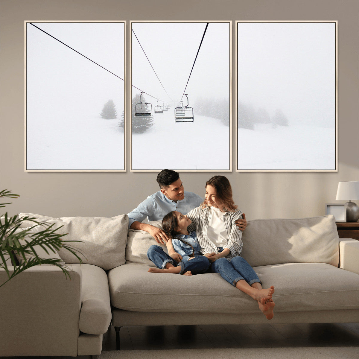 Ski Lift Wall Art Canvas Print, Framed Snowy Landscape Art, Alpine Adventure Nordic Minimalist Decor