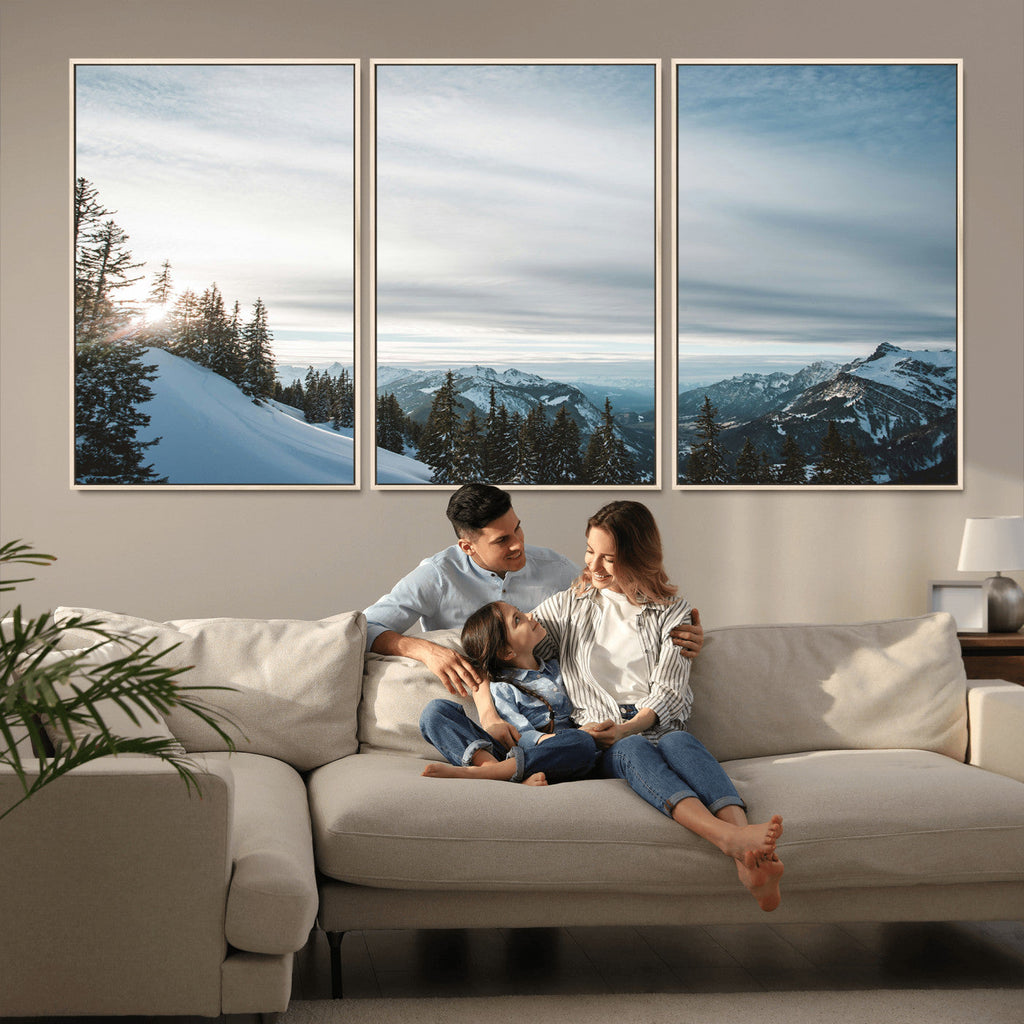 Snowy Mountains Wall Art Canvas Print, Framed Alpine Landscape Frosty Peaks Artwork