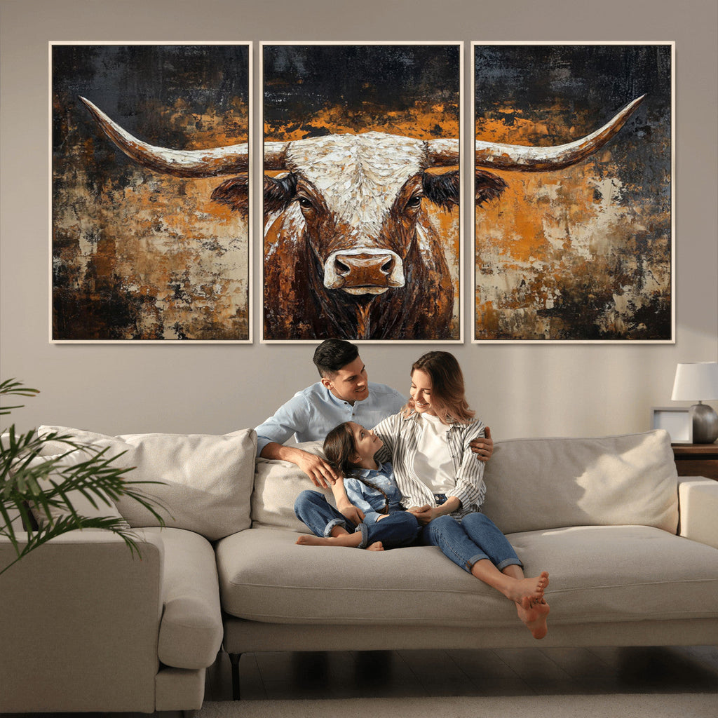 Abstract Longhorn Bull Wall Art Canvas Print, Vintage Western Texas Steer Artwork