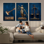 Lady Justice Wall Art Canvas Print, Elegant Gold Legal Symbols on Blue, Law Office Decor