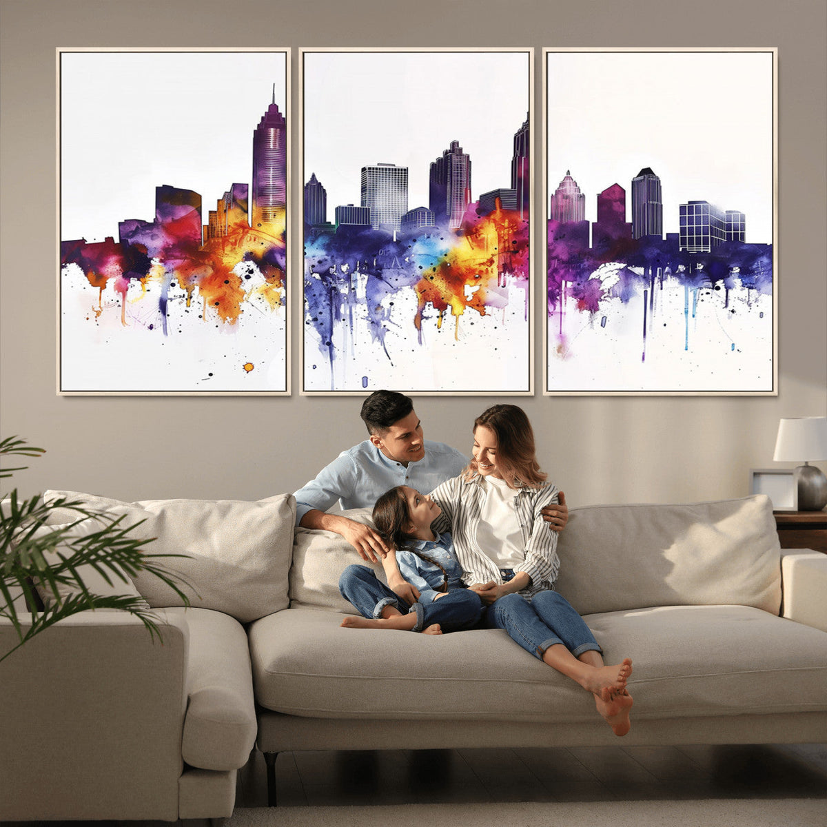 Atlanta Skyline Wall Art Canvas Print, Framed Colorful Watercolor Cityscape