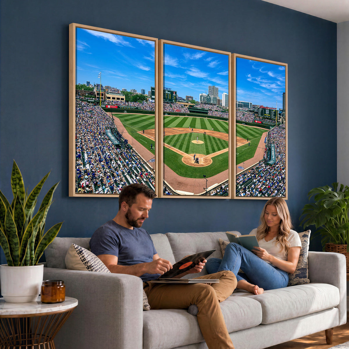 Wrigley Field Baseball Stadium Canvas Wall Art, Packed Crowd and Chicago Skyline