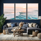 Sunset Surfing Wall Art Canvas Print, Ocean Wave Surfer with Golden Sky
