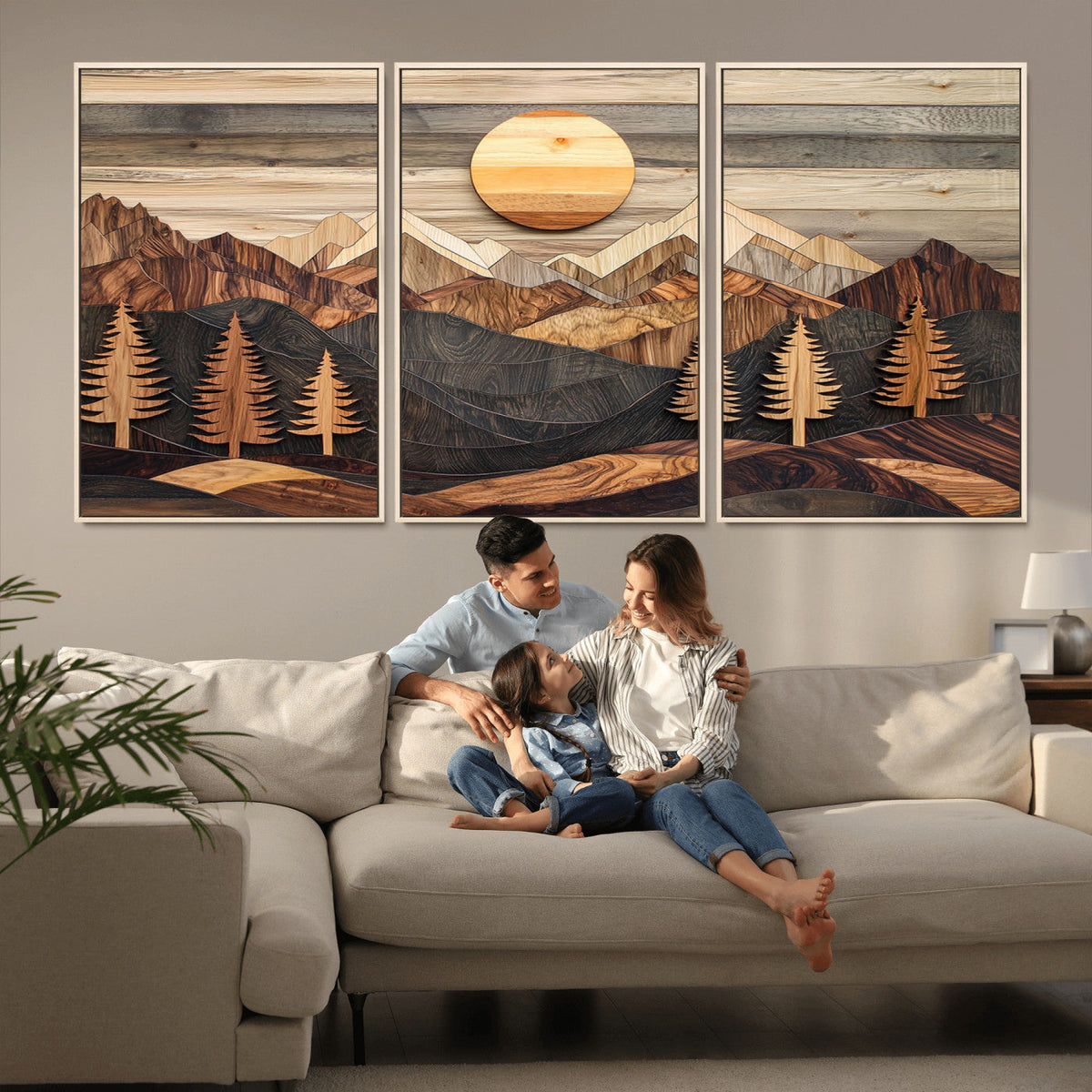 Wooden Mountain Layers Art | Rustic Pine Tree Landscape