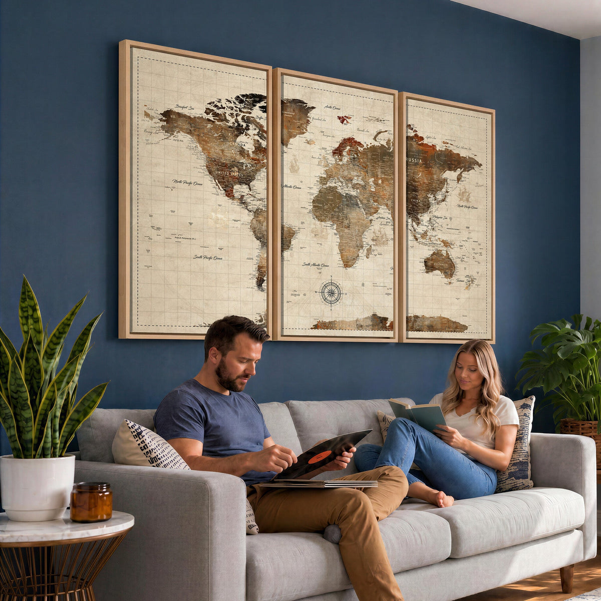 Vintage World Map Wall Art Canvas Print for Living Room, Office and Study