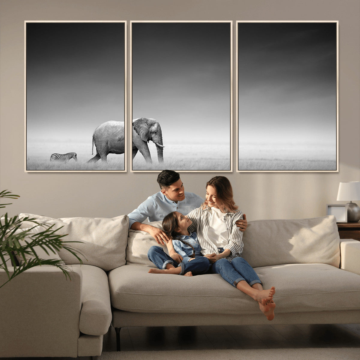 Elephant and Zebra Wall Art Canvas Print, Modern Artwork