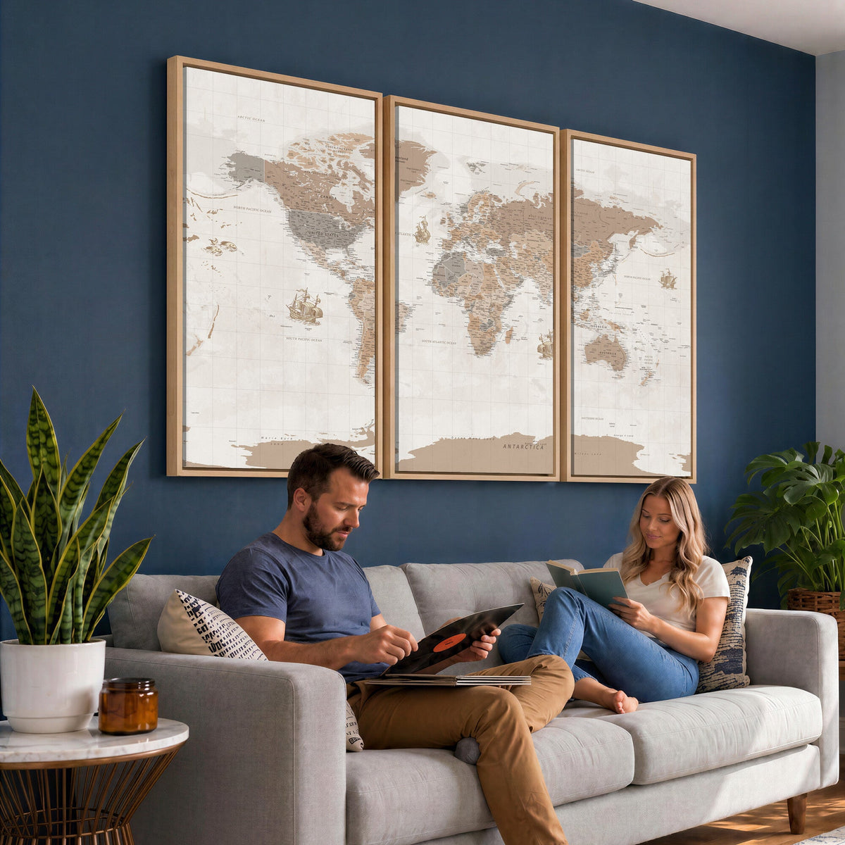 Framed Large World Map Canvas Print for Office Decor