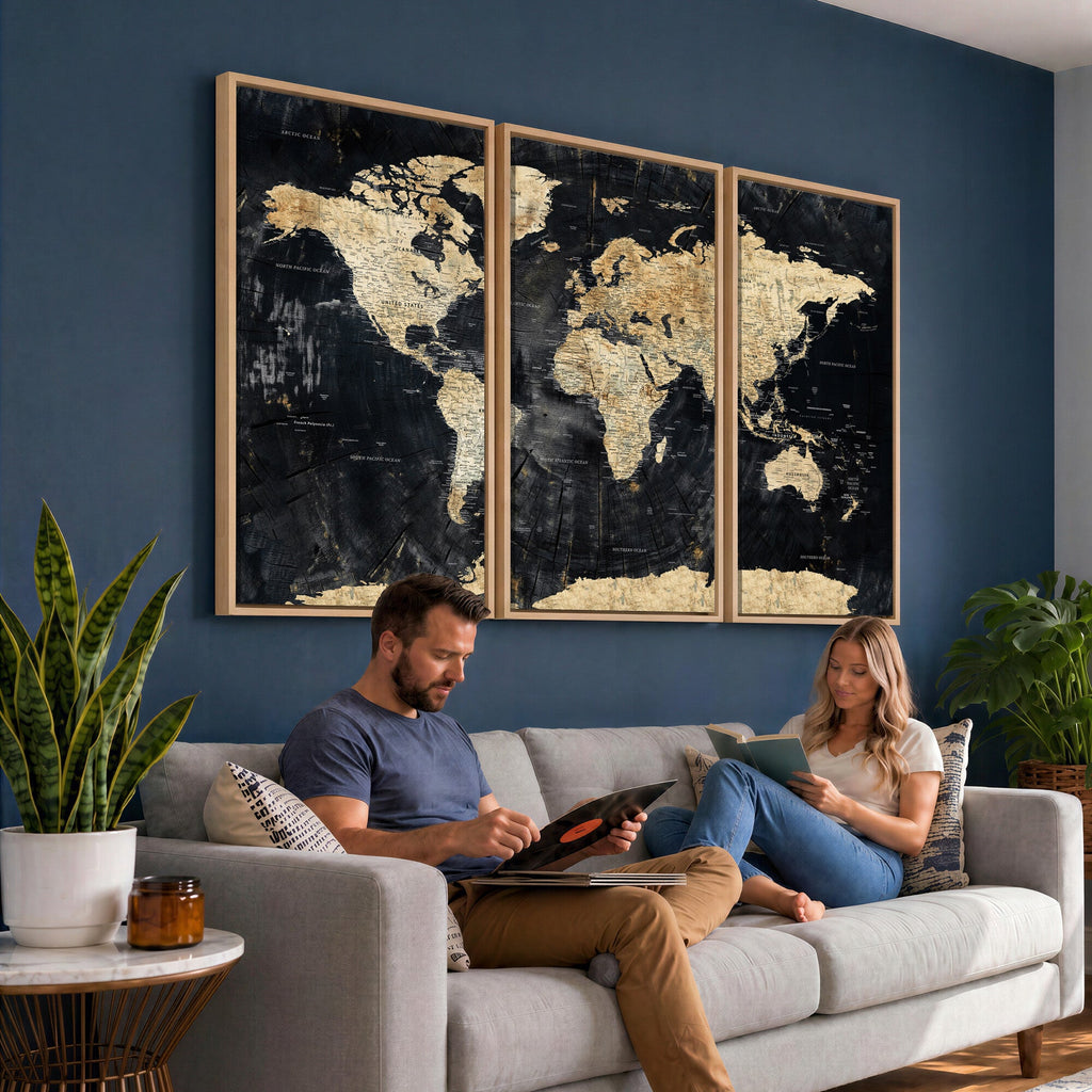 Framed Large World Map Wall Art Canvas Print for Living Room