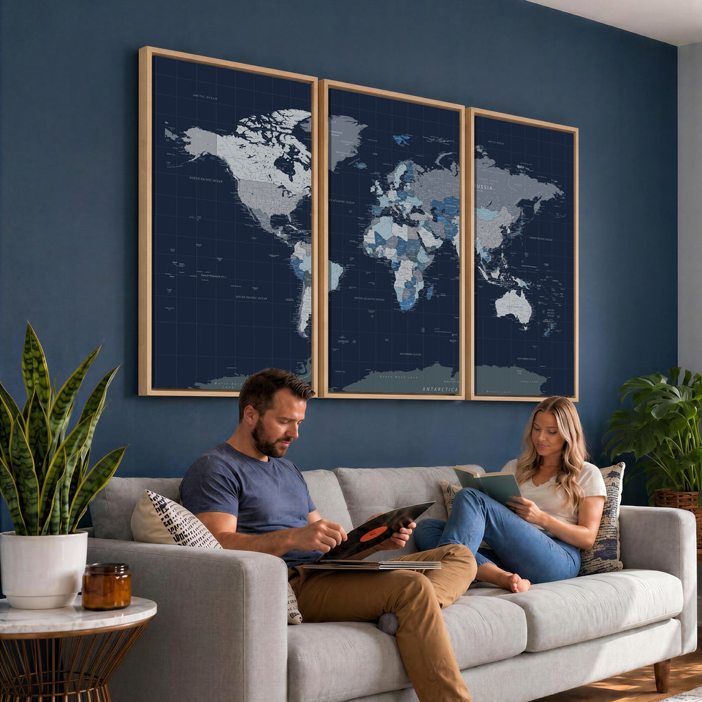 Blue Detailed World Map Wall Art Canvas Print | Modern Framed Map