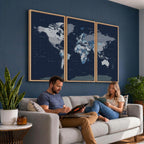 Blue Detailed World Map Wall Art Canvas Print | Modern Framed Map