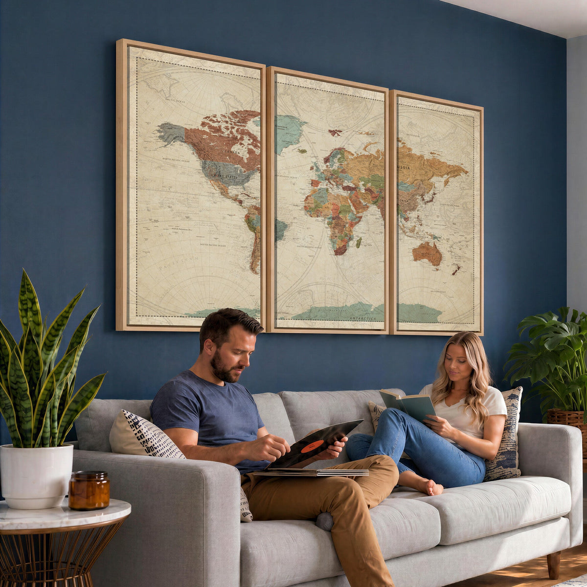 Vintage World Map Canvas Wall Art Print | Framed Modern World Map