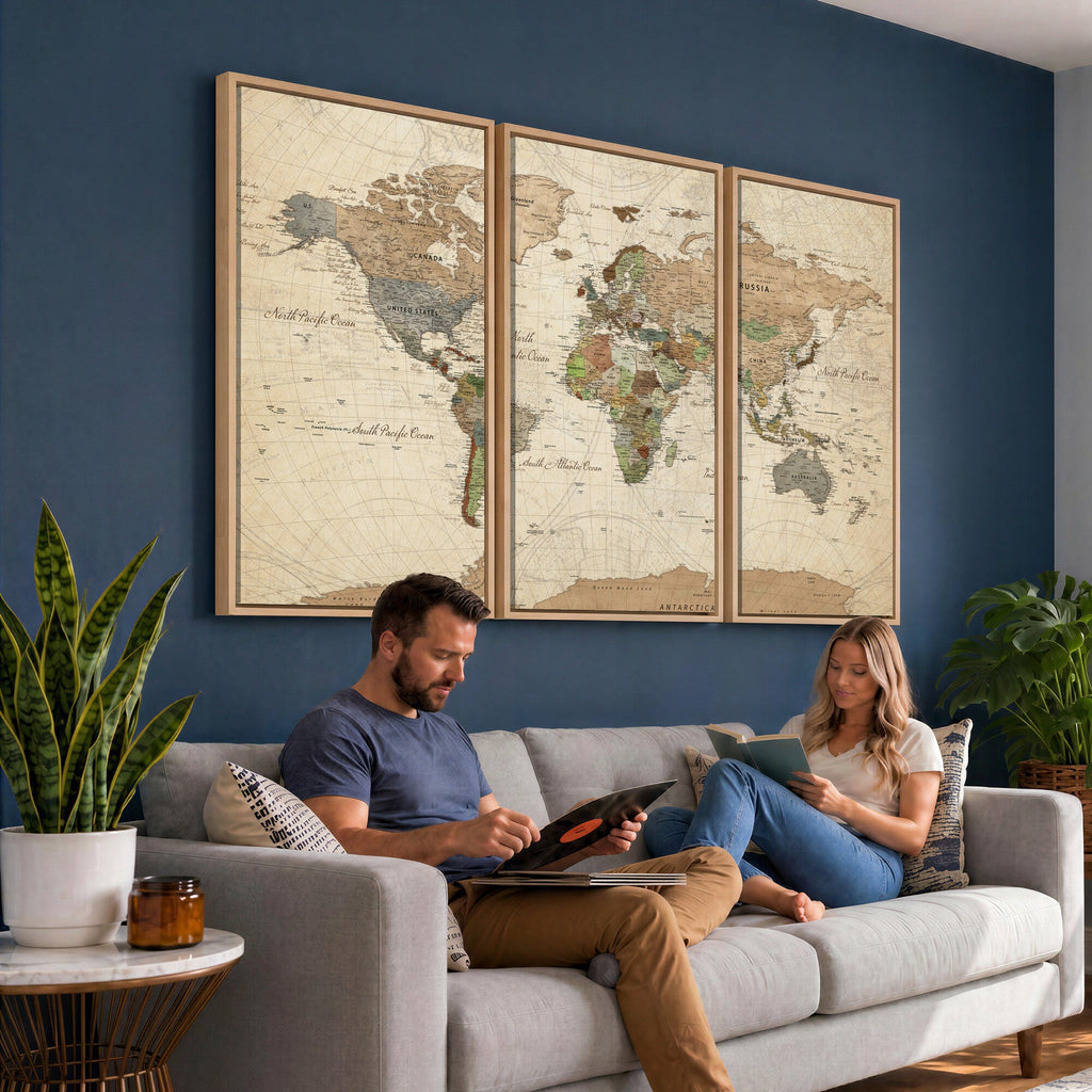 Framed World Map Wall Art for Home and Office Decor