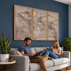 Grunge World Map Canvas Wall Art - Vintage Aged World Map with Golden Tones
